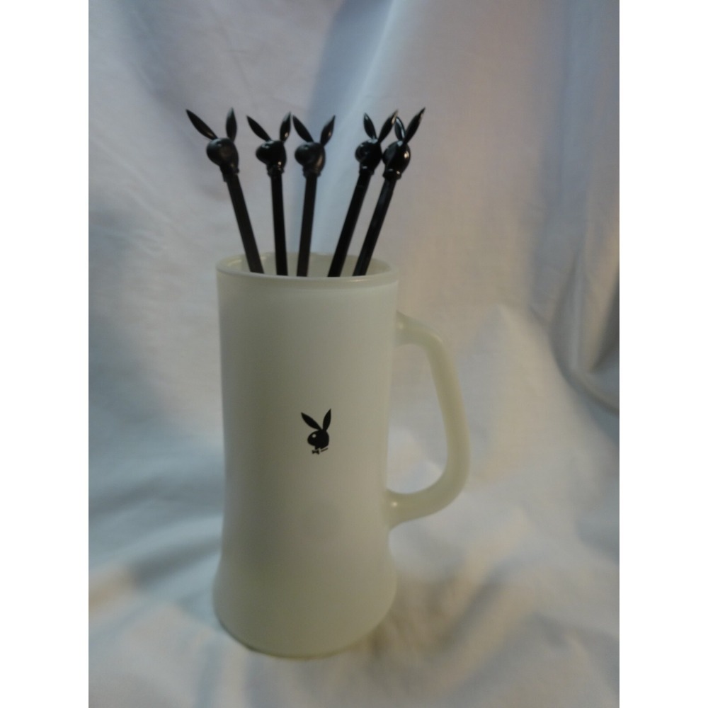 Vtg PLAYBOY CLUB White Frosted Glass Beer Mug & 5 Swizzle Stir Sticks Swinger